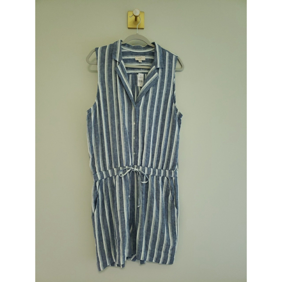 Loft NWT Shorts Romper 10 Striped Blue Linen Blend Drawstring Pockets Coastal - Picture 2 of 16